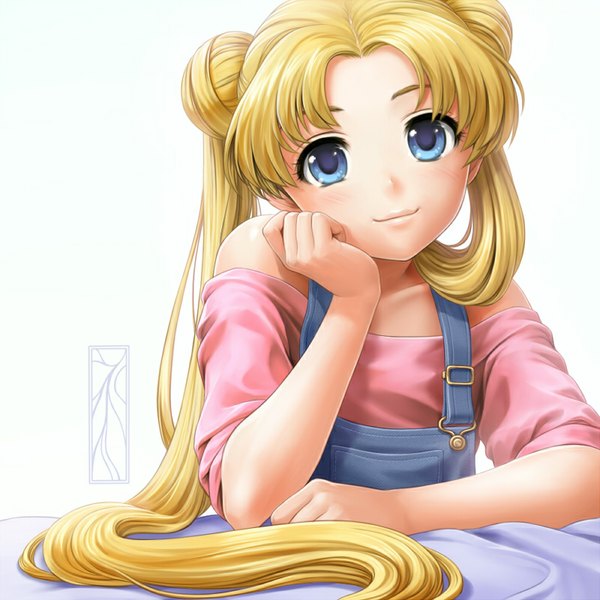 Anime picture 800x800 with bishoujo senshi sailor moon toei animation tsukino usagi kotikomori single long hair blue eyes simple background blonde hair smile white background twintails signed hair bun (hair buns) watermark head rest girl suspenders overalls