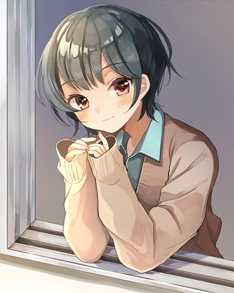 Anime picture 801x1000 with original shigure ui single tall image looking at viewer blush fringe short hair black hair simple background red eyes long sleeves light smile grey background shiny girl shirt window sweater hands