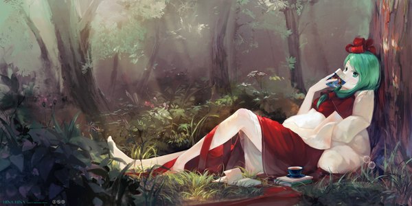 Anime picture 3600x1800 with touhou kagiyama hina jq single long hair fringe highres wide image sitting holding green eyes looking away barefoot green hair sunlight bare legs legs girl hair ornament flower (flowers)