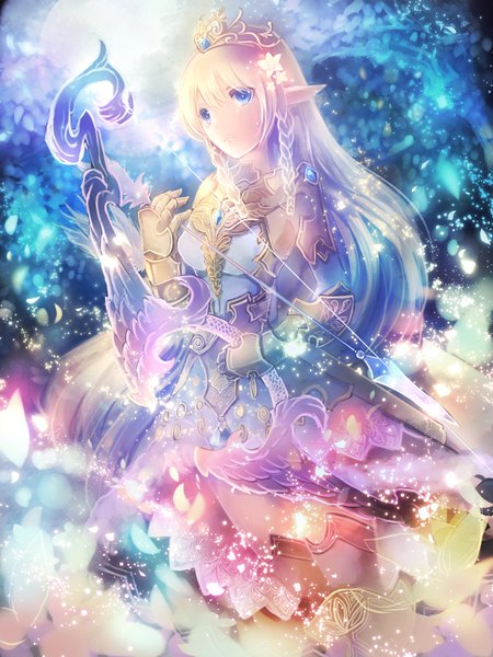 Anime picture 1200x1600 with original sei mutsuki single tall image breasts blue eyes blonde hair holding looking away braid (braids) very long hair pointy ears twin braids glowing elf girl dress hair ornament weapon armor