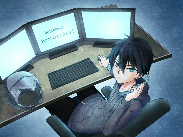 Anime picture 1000x750 with sword art online a-1 pictures kirigaya kazuto single looking at viewer fringe short hair blue eyes black hair sitting copyright name boy headphones sweater chair table helmet monitor computer keyboard