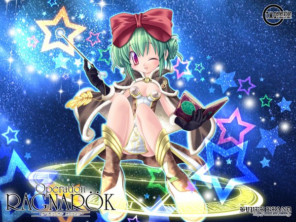 Anime picture 1600x1200 with ragnarok online high wizard ishihara masumi highres light erotic green hair wallpaper magic laughing dress ribbon (ribbons) star (symbol)