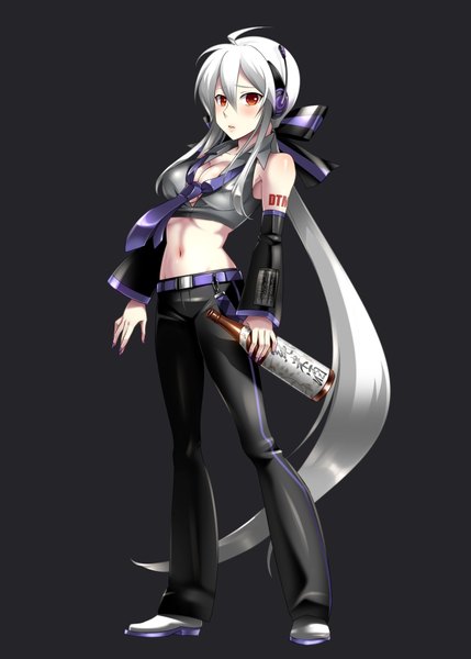 Anime picture 1295x1812 with vocaloid yowane haku single tall image red eyes standing silver hair ponytail very long hair midriff dark background girl detached sleeves necktie belt headphones bottle