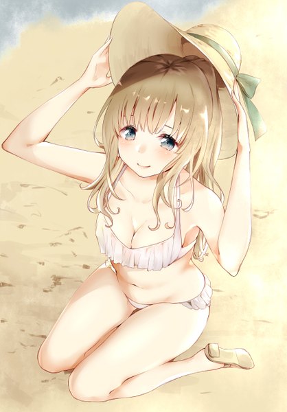 Anime picture 918x1316 with original manatsuki manata single long hair tall image looking at viewer blush fringe breasts blue eyes light erotic blonde hair smile bare shoulders holding payot full body bent knee (knees) outdoors blunt bangs