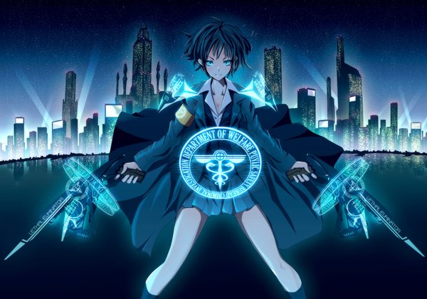 Anime picture 1500x1050 with psycho-pass production i.g tsunemori akane merontomari single looking at viewer fringe short hair blue eyes black hair standing holding blue hair cleavage pleated skirt light smile wind open clothes text city
