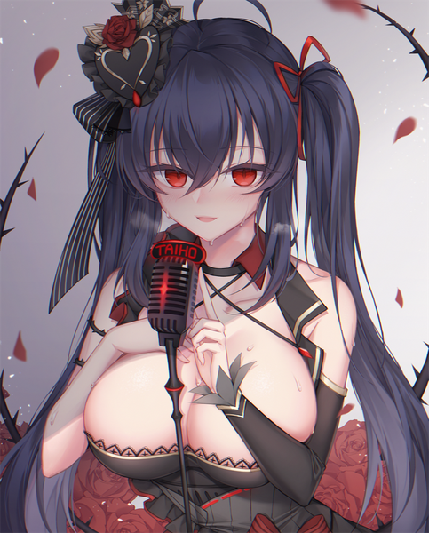 Anime picture 800x993 with azur lane taihou (azur lane) taihou (muse) (azur lane) pong (vndn124) single long hair tall image looking at viewer blush fringe breasts open mouth light erotic black hair simple background smile hair between eyes red eyes large breasts twintails