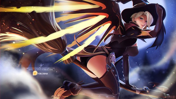 Anime picture 1100x620 with overwatch blizzard entertainment mercy (overwatch) witch mercy olchas olga solovian single looking at viewer fringe short hair blue eyes light erotic smile wide image sitting holding signed bent knee (knees) white hair looking back
