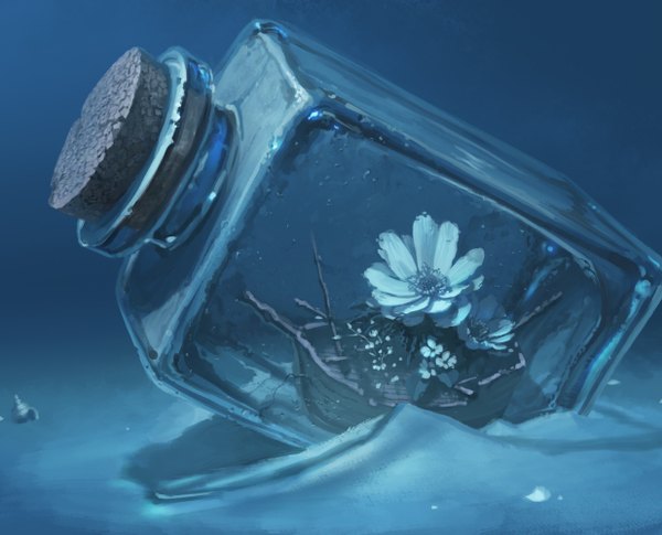 Anime picture 1236x1000 with original reishin underwater no people sand still life flower (flowers) water bottle watercraft ship seashell