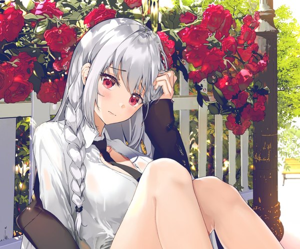 Anime picture 2048x1698 with original ttorong single long hair looking at viewer blush fringe highres breasts red eyes large breasts sitting silver hair bent knee (knees) outdoors braid (braids) long sleeves head tilt off shoulder open clothes