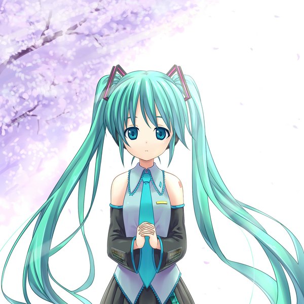 Anime picture 1080x1080 with vocaloid hatsune miku imo (ryokyou) single long hair blue eyes twintails aqua hair cherry blossoms girl detached sleeves necktie