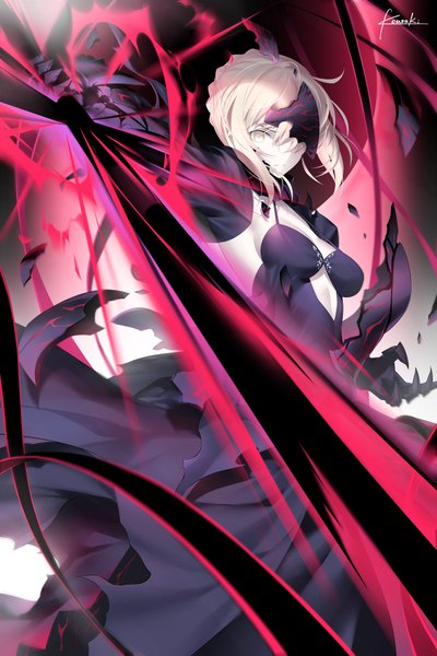 Anime picture 650x975 with fate (series) fate/grand order artoria pendragon (all) saber alter kousaki rui single tall image looking at viewer fringe short hair breasts blonde hair standing holding signed yellow eyes payot arm up hair over one eye torn clothes