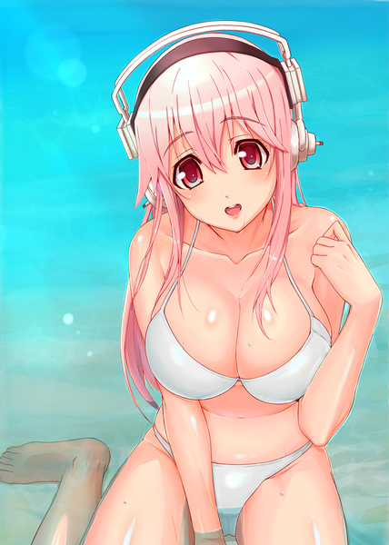 Anime picture 2480x3472 with nitroplus super sonico single long hair tall image looking at viewer blush highres breasts open mouth light erotic red eyes large breasts pink hair girl navel swimsuit bikini headphones