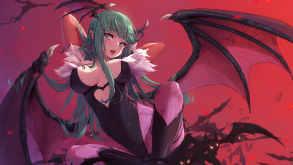 Anime picture 5760x3240 with vampire / darkstalkers (game) capcom morrigan aensland mitsu (mitsu art) single long hair looking at viewer blush fringe highres breasts open mouth light erotic wide image large breasts sitting absurdres cleavage nipples blunt bangs