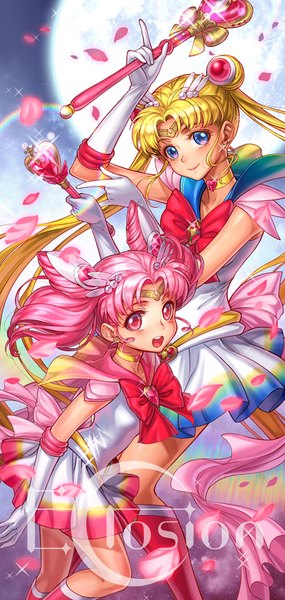 Anime picture 472x992 with bishoujo senshi sailor moon toei animation tsukino usagi sailor moon chibiusa sailor chibi moon super sailor moon super sailor chibi moon eclosion long hair tall image looking at viewer blush open mouth blue eyes blonde hair smile twintails multiple girls holding