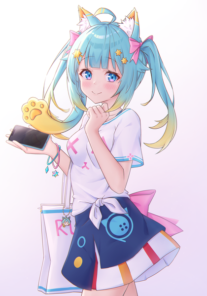 Anime picture 1400x2000 with virtual youtuber indie virtual youtuber lanmewko yue zi single long hair tall image looking at viewer blush blue eyes simple background smile twintails holding animal ears blue hair ahoge gradient hair front-tie top girl