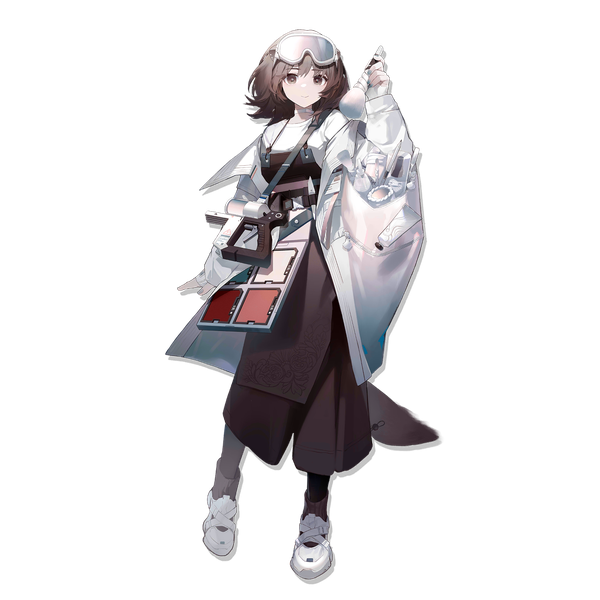 Anime picture 2048x2048 with arknights roberta (arknights) iris (user pskd5754) single looking at viewer fringe highres short hair hair between eyes brown hair standing holding brown eyes full body light smile official art transparent background goggles on head girl shoes