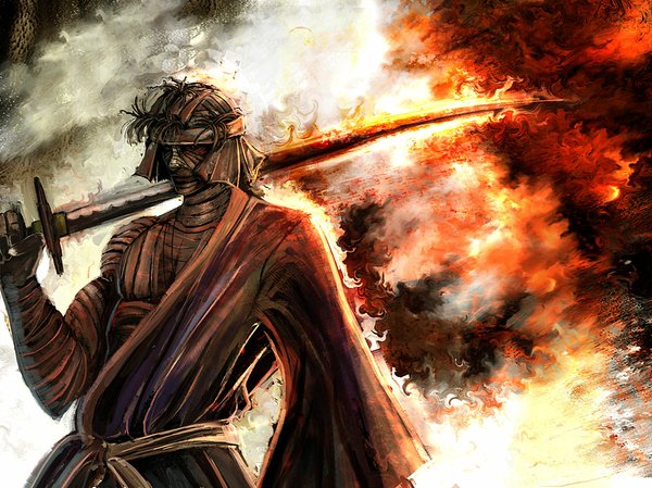 Anime picture 1067x800 with rurouni kenshin shishio makoto bccp red eyes standing japanese clothes weapon over shoulder boy weapon sword bandage (bandages) fire