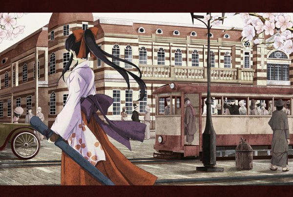 Anime picture 960x646 with sakura taisen shinguuji sakura long hair short hair black hair standing ponytail traditional clothes japanese clothes wind from behind cherry blossoms miko walking talking girl boy skirt flower (flowers) bow