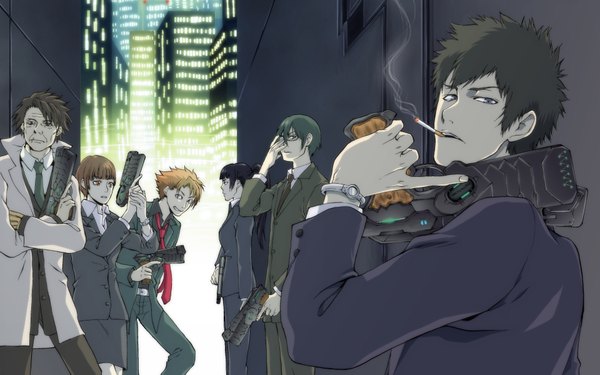 Anime picture 1920x1200 with psycho-pass production i.g kougami shin'ya tsunemori akane nobuchika ginoza shuusei kagari yayoi kunizuka tomomi masaoka long hair looking at viewer highres short hair black hair brown hair multiple girls looking away ponytail multiple boys city group