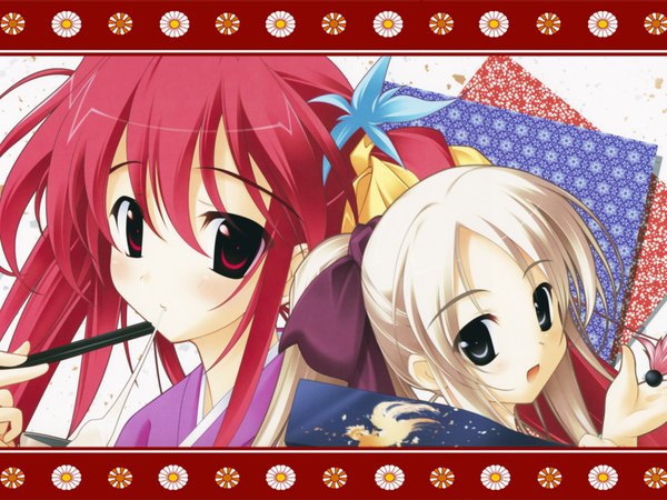 Anime picture 1600x1200 with blush highres blonde hair smile red hair japanese clothes eating