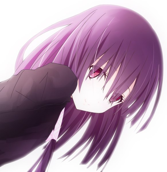 Anime picture 1466x1509 with tokyo ravens 8bit tsuchimikado natsume tianya beiming single long hair tall image looking at viewer fringe simple background smile white background purple eyes purple hair leaning leaning forward girl