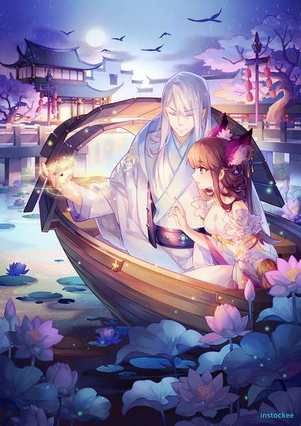 Anime picture 778x1100 with original instockee long hair tall image brown hair sitting signed animal ears looking away cloud (clouds) outdoors white hair eyes closed traditional clothes japanese clothes profile pink eyes pointy ears night sparkle