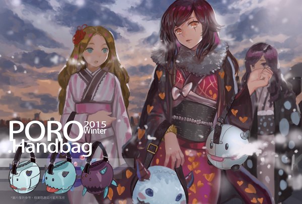 Anime picture 1200x812 with league of legends poro (league of legends) canking long hair blue eyes blonde hair purple eyes multiple girls sky purple hair cloud (clouds) red hair hair flower lips wide sleeves orange eyes winter exhalation girl hair ornament