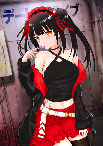 Anime picture 2894x4093 with date a live tokisaki kurumi kachayori mondaze single long hair tall image looking at viewer fringe highres breasts black hair red eyes standing twintails bare shoulders holding yellow eyes outdoors blunt bangs