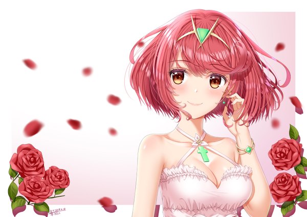 Anime picture 3307x2343 with xenoblade xenoblade 2 pyra (xenoblade) ken-san single looking at viewer blush fringe highres short hair breasts light erotic smile hair between eyes red eyes bare shoulders absurdres cleavage upper body red hair
