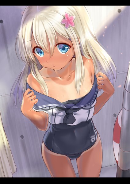 Anime picture 849x1200 with kantai collection ro-500 submarine arudehido single long hair tall image blush blue eyes light erotic standing bare shoulders white hair hair flower sunlight bare legs embarrassed dark skin tan tan lines girl