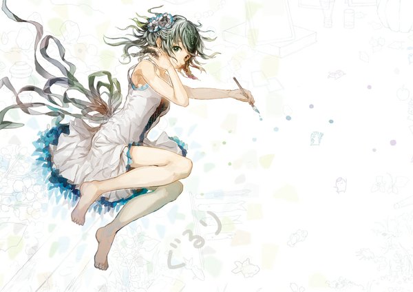 Anime picture 1000x707 with original neyagi single looking at viewer short hair smile white background bare shoulders barefoot hair flower wind grey hair black eyes sleeveless girl hair ornament ribbon (ribbons) sundress fish (fishes) paintbrush