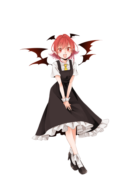 Anime picture 2040x2890 with touhou koakuma souta (karasu no ouchi) single tall image looking at viewer highres short hair open mouth smile red eyes standing full body red hair pointy ears short sleeves transparent background frilled dress head wings demon wings
