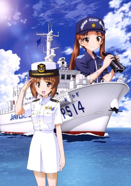 Anime picture 2887x4099 with girls und panzer nishizumi miho kadotani anzu itou takeshi long hair tall image looking at viewer blush fringe highres short hair open mouth smile brown hair standing twintails multiple girls holding brown eyes sky