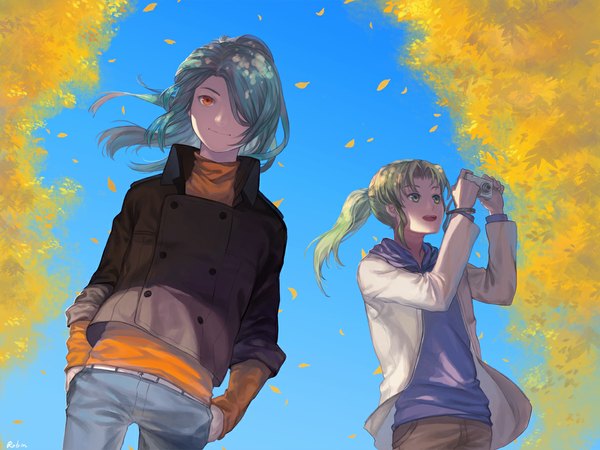 Anime picture 1100x825 with inazuma eleven kazemaru ichirouta midorikawa ryuuji robinexile long hair fringe open mouth green eyes ponytail tail one eye closed green hair light smile wink hair over one eye aqua hair orange eyes hands in pockets boy plant (plants)