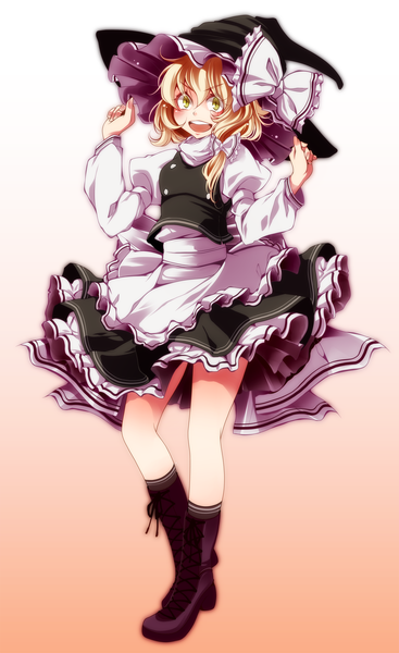 Anime picture 1531x2500 with touhou kirisame marisa s-syogo single tall image looking at viewer blush short hair open mouth blonde hair white background yellow eyes witch girl dress skirt bow hat boots witch hat