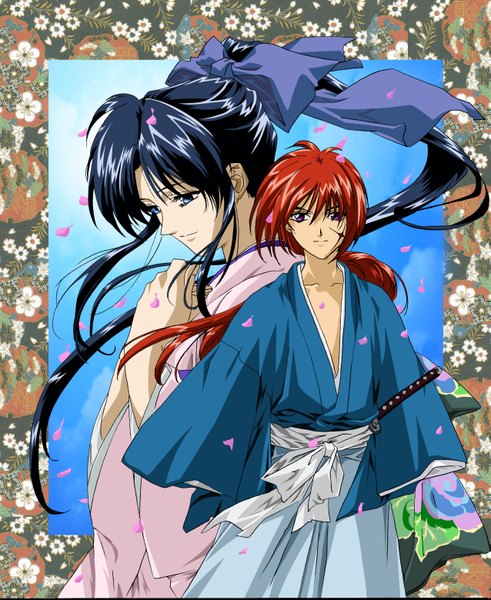 Anime picture 2550x3117 with rurouni kenshin himura kenshin kamiya kaoru taku (pixiv) long hair tall image highres black hair purple eyes red hair tail traditional clothes japanese clothes couple scar framed praying girl boy bow