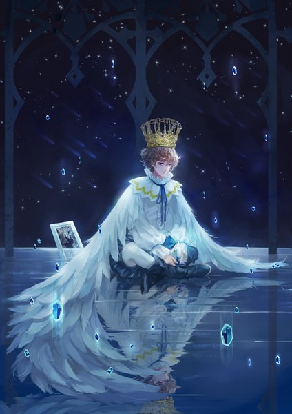 Anime picture 2480x3508 with original wallace (artist) single tall image fringe highres short hair brown hair sitting night night sky crossed legs reflection white wings curly hair boy wings boots star (stars) thigh boots