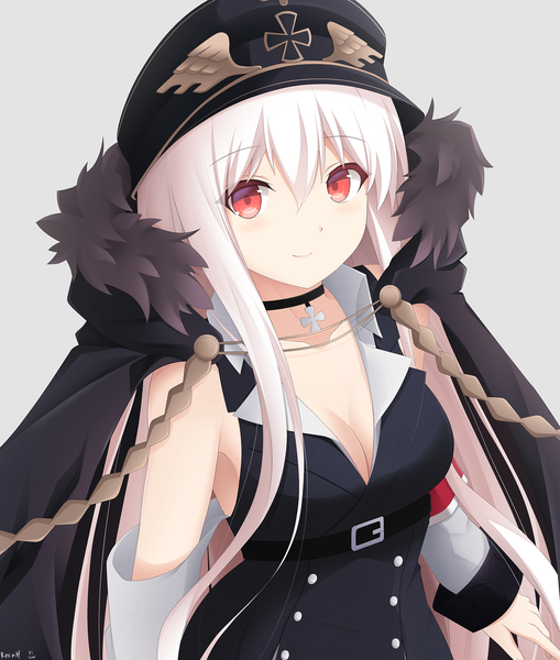 Anime-Bild 1524x1798 mit girls frontline kar98k (girls frontline) keenh single long hair tall image looking at viewer fringe breasts simple background smile red eyes standing bare shoulders signed cleavage upper body white hair long sleeves grey background