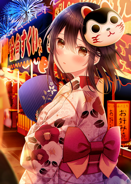 Anime picture 2976x4175 with original kuro namako single tall image looking at viewer blush fringe highres short hair open mouth hair between eyes brown hair standing brown eyes outdoors traditional clothes japanese clothes looking back night floral print