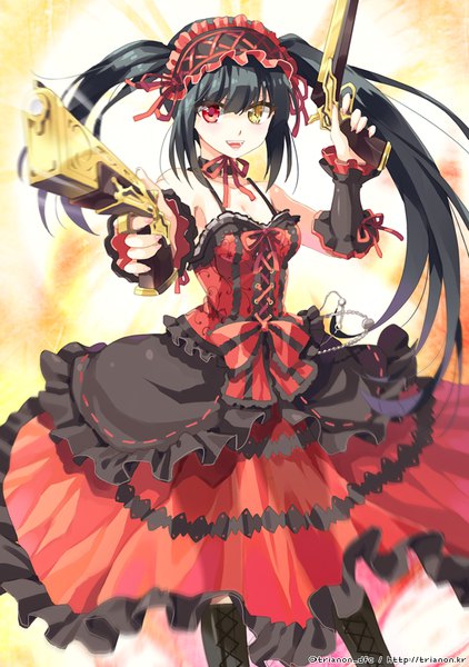 Anime picture 600x852 with date a live tokisaki kurumi trianon single long hair tall image looking at viewer fringe open mouth black hair smile twintails payot cleavage heterochromia lolita fashion girl weapon detached sleeves gun