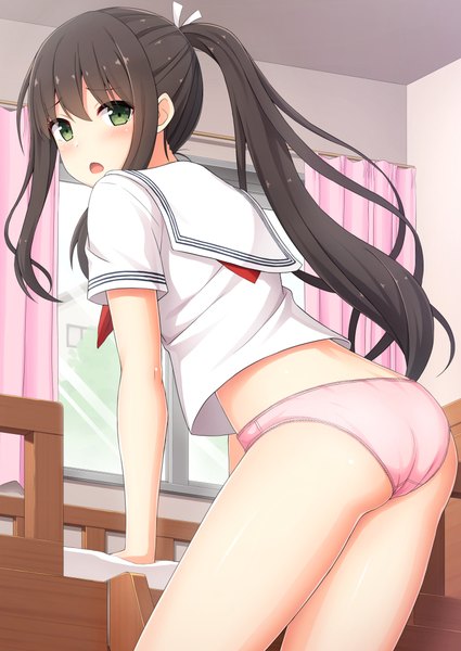 Anime picture 752x1062 with original nakamura sumikage single long hair tall image blush fringe open mouth light erotic black hair hair between eyes green eyes payot ass ponytail indoors looking back arm support bare legs leaning