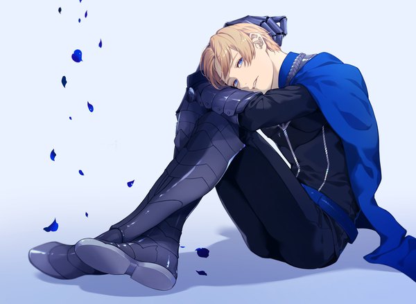 Anime picture 2041x1494 with fire emblem fire emblem: three houses nintendo dimitri alexandre blaiddyd sb (artist) single looking at viewer fringe highres short hair blue eyes simple background blonde hair sitting full body parted lips head tilt crossed legs boy uniform