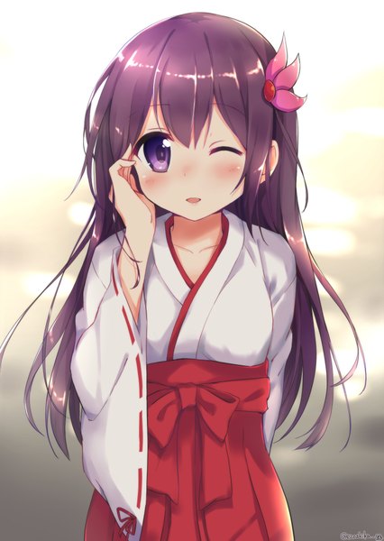 Anime picture 1447x2039 with kantai collection kisaragi destroyer ezoshika gg single long hair tall image looking at viewer blush fringe open mouth purple eyes signed purple hair traditional clothes japanese clothes one eye closed light smile wide sleeves adjusting hair miko