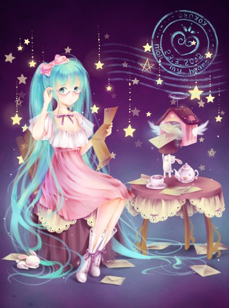 Anime picture 1074x1445 with vocaloid hatsune miku rina (artist) single tall image sitting twintails very long hair aqua eyes aqua hair girl dress bow hair bow glasses star (symbol) bunny letter