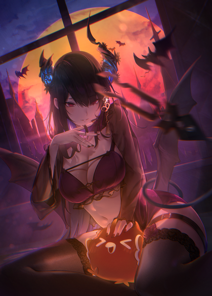 Anime picture 1482x2075 with virtual youtuber hololive hololive english nerissa ravencroft jailbird (nerissa ravencroft) kanai1999 single long hair tall image looking at viewer breasts light erotic black hair red eyes large breasts sitting nail polish horn (horns) halloween girl