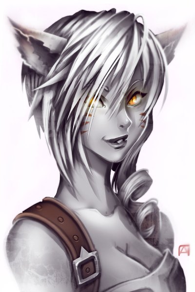 Anime picture 864x1296 with final fantasy final fantasy xiv square enix pechan (artist) single tall image looking at viewer fringe short hair simple background white background yellow eyes silver hair light smile lips cat girl girl
