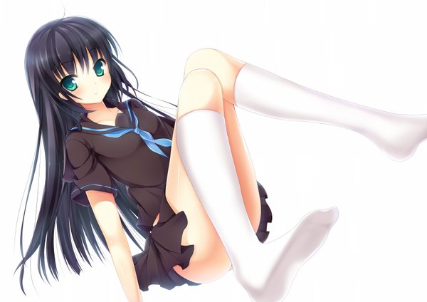 Anime picture 1753x1240 with original kaniya shiku single long hair looking at viewer blush highres light erotic black hair simple background white background sitting aqua eyes knees touching girl skirt uniform ribbon (ribbons) school uniform shirt