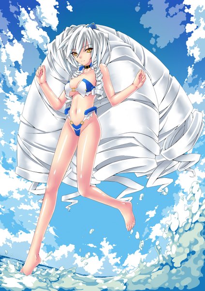 Anime picture 2480x3508 with kyoukai senjou no horizon neito mitotsudaira mizutsuki rei single long hair tall image highres light erotic yellow eyes cloud (clouds) white hair barefoot drill hair girl navel swimsuit