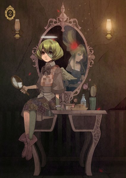Anime picture 1000x1415 with original sorafia tsurusaki yuu tall image short hair open mouth red eyes sitting green hair reflection different reflection girl skirt wings halo mirror