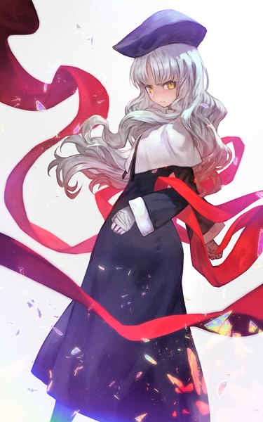 Anime picture 876x1400 with fate (series) fate/hollow ataraxia caren hortensia lack single long hair tall image looking at viewer fringe simple background standing white background holding yellow eyes silver hair long sleeves looking back floating hair girl dress